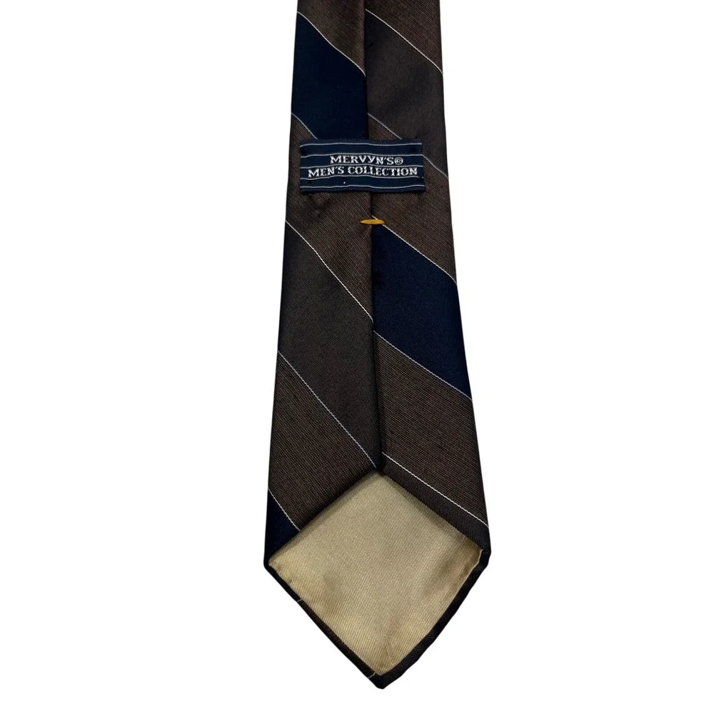 Vintage Mervyns Mens Collection Necktie Brown Navy‎ Stripe Polyester Silk Blend - Picture 2 of 3